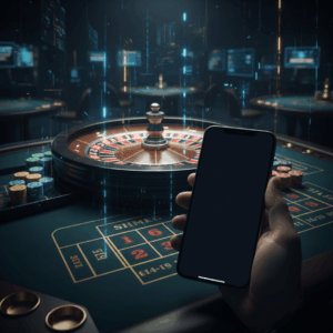 Meja roulette kasino langsung dengan smartphone yang menampilkan ikon link alternatif aman.