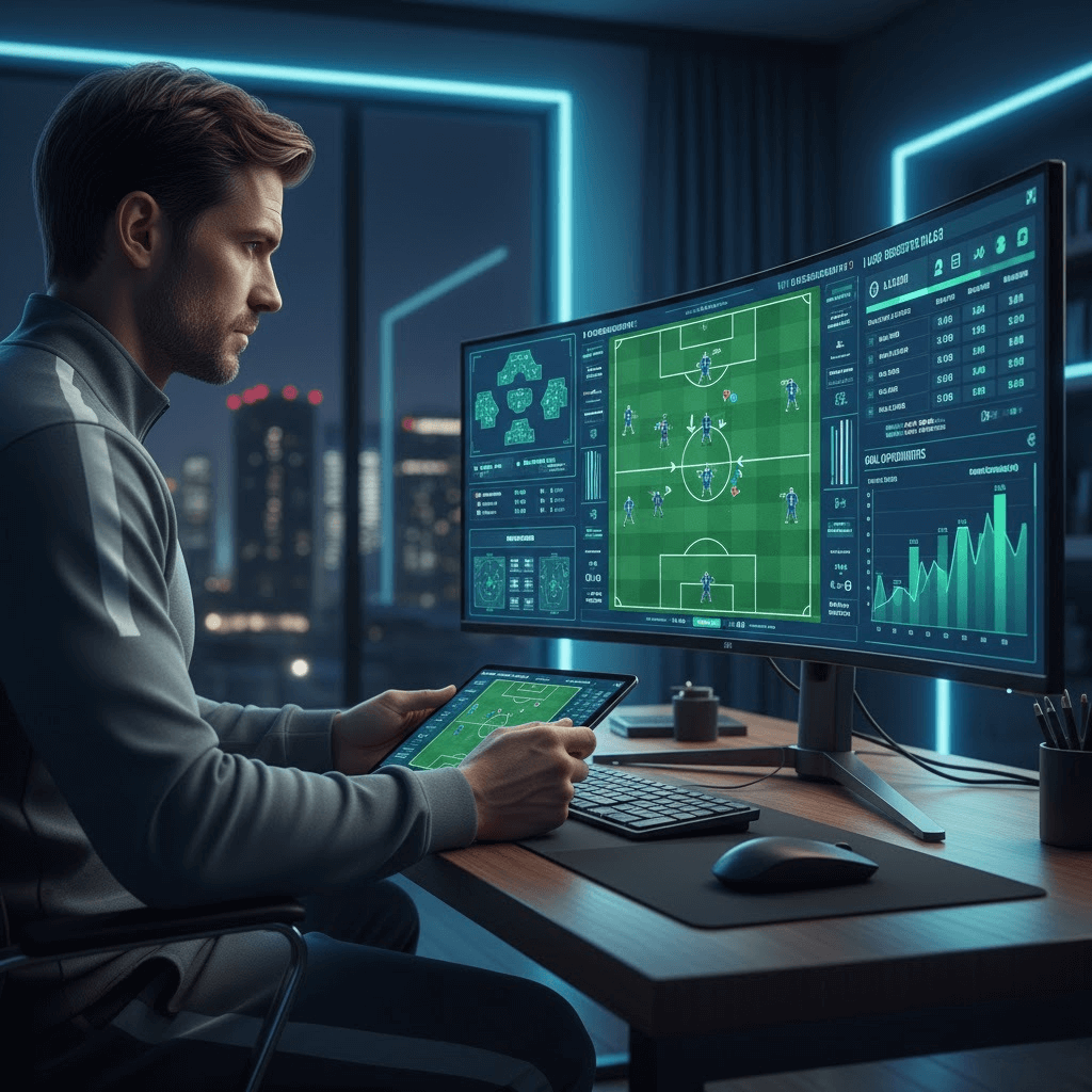 Analis sepak bola sedang memantau pertandingan live di komputer dan tablet dengan grafik statistik, formasi tim, dan peluang gol secara real-time