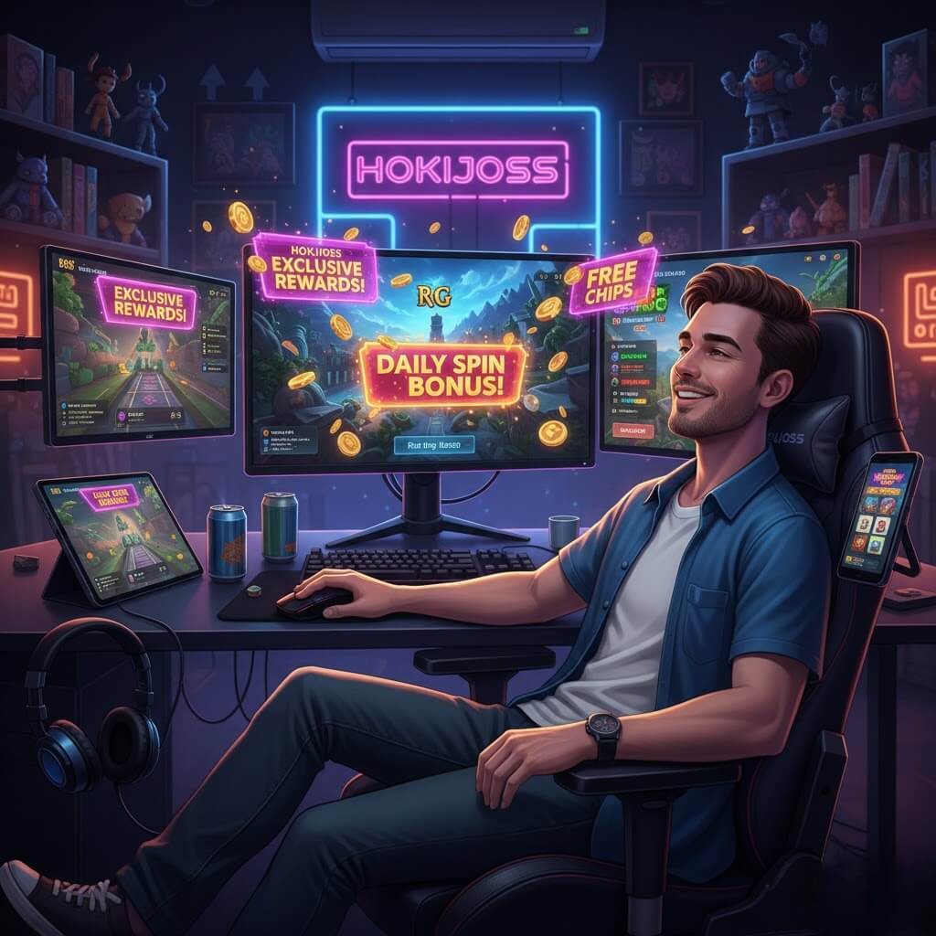 Pemain menikmati promo games eksklusif di Hokijoss dengan bonus dan free spin di PC dan smartphone