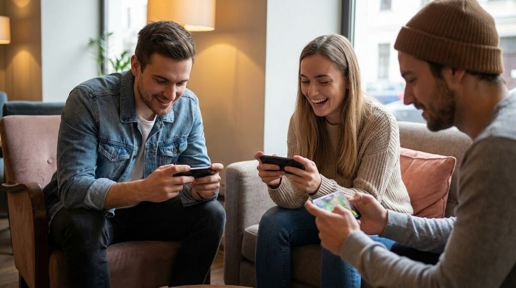 Pemain menikmati game online mobile populer di smartphone dengan tampilan modern dan suasana nyaman