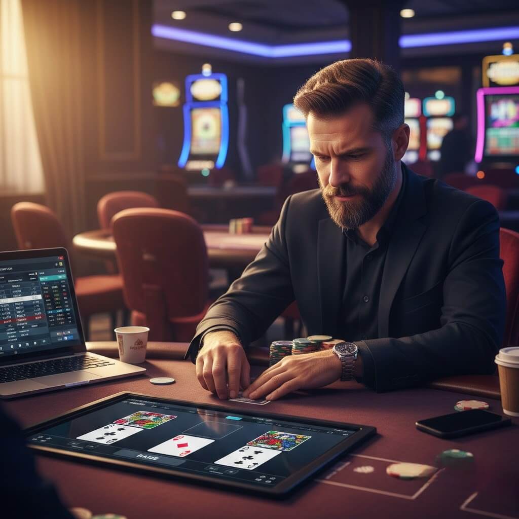 Pemain poker online fokus di meja taruhan, ekspresi serius, kartu dan chip terlihat jelas, strategi HOKIJOSS