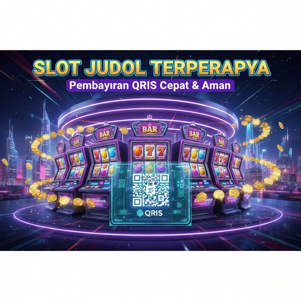 Kasino digital modern dengan mesin slot berwarna-warni, koin emas melayang, dan kode QRIS di layar, mewakili artikel "Slot Judol Terpercaya dengan Pembayaran QRIS"